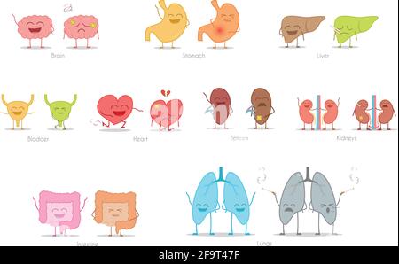 Set of healthy and sick human organs in cartoon style. Vector illustration Stock Vector