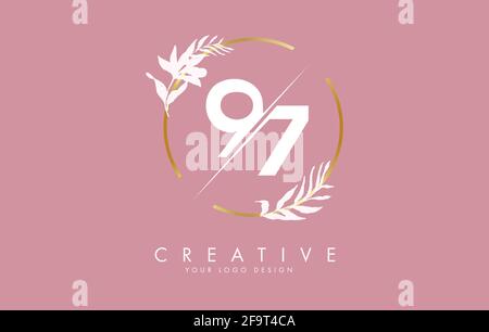 Number 97 9 7 logo design with golden circle and white leaves on branches around. Vector Illustration with numbers 9 and 7 for personal branding, corp Stock Vector