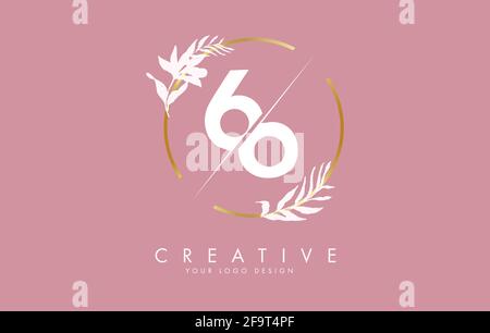 Number 66 6 logo design with golden circle and white leaves on branches around. Vector Illustration with numbers 6 for personal branding, corporate, b Stock Vector