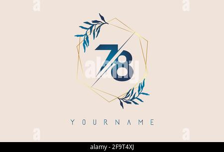 Number 78 7 8 logo with golden polygon frames and gradient blue leaves design. Luxury vector illustration with numbers 7 and 8 and blue gradient leaf. Stock Vector