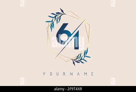 Number 61 6 1 logo with golden polygon frames and gradient blue leaves design. Luxury vector illustration with numbers 6 and 1 and blue gradient leaf. Stock Vector