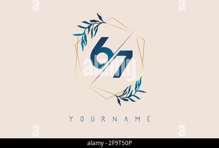 Number 67 6 7 logo with golden polygon frames and gradient blue leaves design. Luxury vector illustration with numbers 6 and 7 and blue gradient leaf. Stock Vector