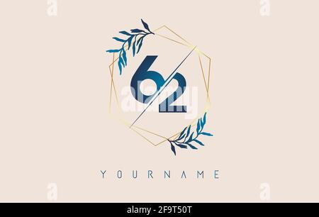 Number 62 6 2 logo with golden polygon frames and gradient blue leaves design. Luxury vector illustration with numbers 6 and 2 and blue gradient leaf. Stock Vector