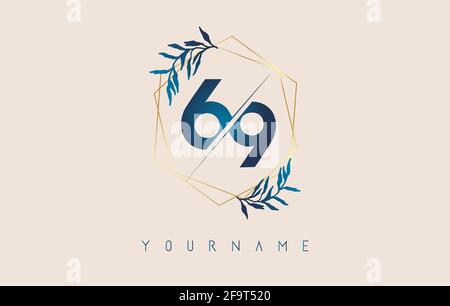 Number 69 6 9 logo with golden polygon frames and gradient blue leaves design. Luxury vector illustration with numbers 6 and 9 and blue gradient leaf. Stock Vector