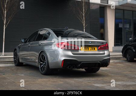 A 2019 Donington Grey BMW M5 Competition Pack With With Gloss Black Trim And Gloss Black M Badges Stock Photo
