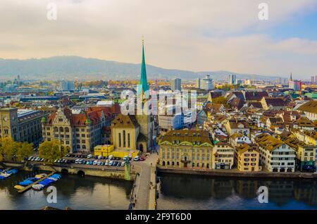 aerial view of zurich taken from the top of grossmunster church Stock Photo