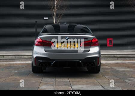 A 2019 Donington Grey BMW M5 Competition Pack With With Gloss Black Trim And Gloss Black M Badges Stock Photo