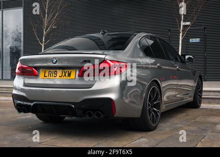A 2019 Donington Grey BMW M5 Competition Pack With With Gloss Black Trim And Gloss Black M Badges Stock Photo