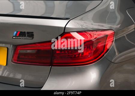 A 2019 Donington Grey BMW M5 Competition Pack With With Gloss Black Trim And Gloss Black M Badges Stock Photo