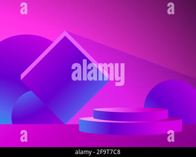 Stage with a podium in the style of the 80s. Gradient podium for product presentation in retro style. 3d platform studio. Advertising pedestal, mockup Stock Vector