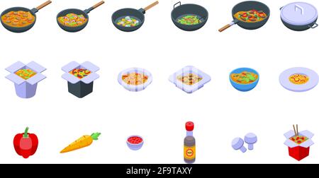 Wok menu icons set. Isometric set of wok menu vector icons for web design isolated on white background Stock Vector