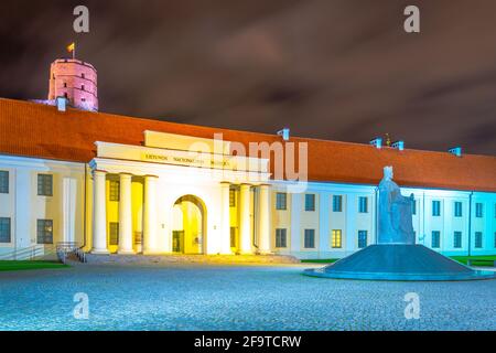 Night view of the Lithuania National Museum under the Gediminas hill in Vilnius,Lithuania Stock Photo