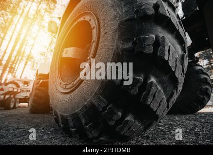 Car tires concept on off road. Shock absorber. Travel and racing concept for 4x4 drive off road vehicle. High quality photo Stock Photo