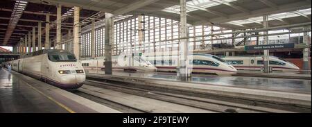 Renfe high-speed bullet trains at Atocha Station, Madrid, Spain Stock Photo