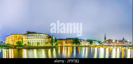 Night panorama of Gamla Stan in Stockholm including Riksdagshuset, Bonde Palace, Riddarhuset and Norstedts house. Stock Photo