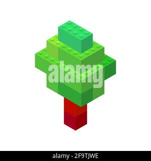 Isometric tree on a white background made of colored plastic blocks. The children s designer. Vector illustration. Stock Vector