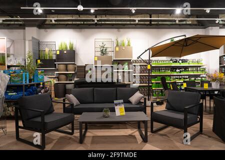 Grodno Belarus April 07 2021 Interior of JYSK store in mall Triniti