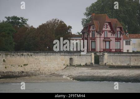 red timbered typical old house by the harbor in La Rochelle, France Stock Photo