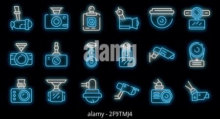 DVR camera icons set. Outline set of DVR camera vector icons neon color on white Stock Vector