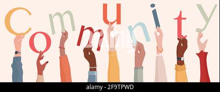 Group of raised hands holding the text Community. People diversity.Teamwork or community cooperation concept. Connection between diverse people.Share Stock Vector