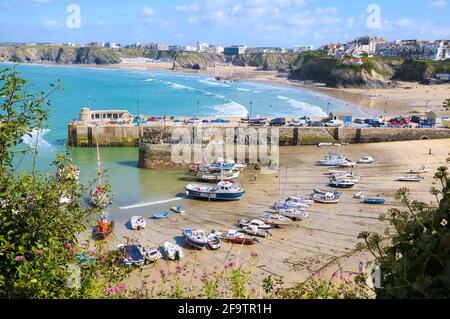 Newquay Harbour and Tolcarne Beach coastline, North Cornwall, England, UK Stock Photo