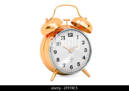 Golden alarm clock, 3D rendering isolated on white background Stock Photo
