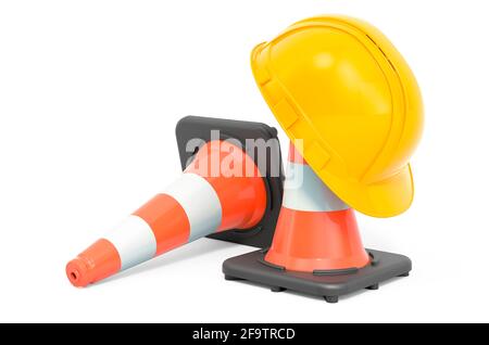 Traffic cones with hard hat, 3D rendering isolated on white background Stock Photo