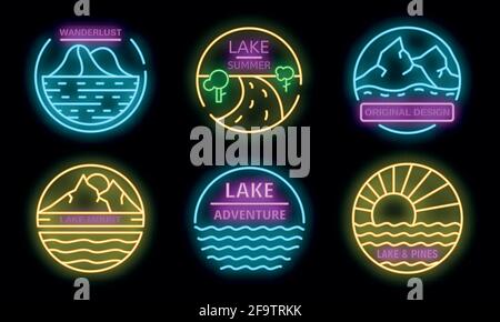 Lake logo set. Outline set of lake vector logo neon color on white Stock Vector