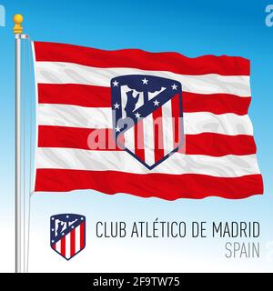 Europe, year 2021, Atletico Madrid Football Club flag and coat of arms team in the new Super League championship, illustration Stock Photo