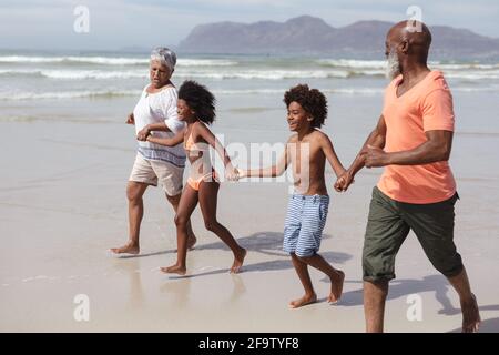 African american grandparents and grandchildren holding hands walking on the beach Stock Photo