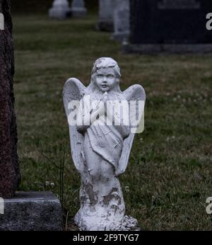 White statue of a praying young angel in a Christian church cemetery Stock Photo