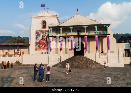 SANTIAGO ATITLAN, GUATEMALA - MARCH 23, 2016: View of the church in Santiago Atitlan village. It is decorated for upcoming Easter. Stock Photo