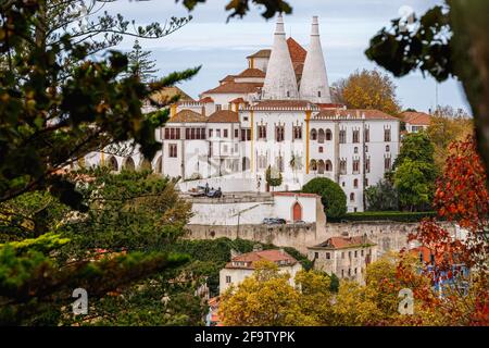 Sintra, Portugal - October 28, 2020: Architectural detail of the National Palace of Sintra, also called the Royal Palace with its 2 chimneys of 33 met Stock Photo