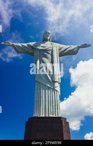 REDEEMER CHRIST, RIO DE JANEIRO, BRAZIL - APRIL 06, 2016: Bottom view of the Christ Redeemer´s Statue. The deep blue sky behind.