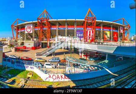 ATHENS, GREECE, DECEMBER 10, 2015: Karaiskakis stadium - football stadium of Olympiacos FC located in Piraeus Stock Photo