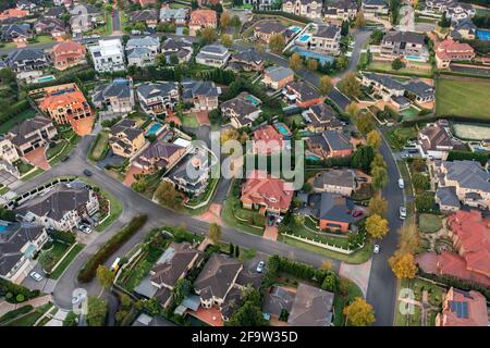 Aerial view of upmarket prestige houses built around 1990s-2000s in an outer Sydney suburb of Castle Hill, NSW, Australia. Stock Photo