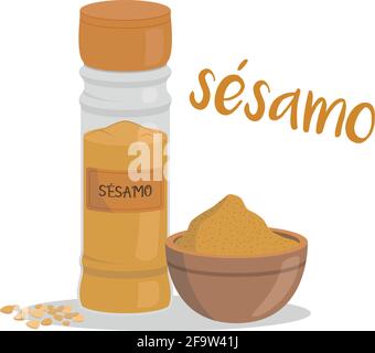 Vector sesame illustration isolated in cartoon style. Spanish name. Herbs and Species Series Stock Vector