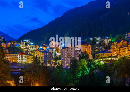 BAD GASTEIN, AUSTRIA, JULY 29, 2016: View of hotels in the austrian spa and ski resort bad gastein during sunset. Stock Photo