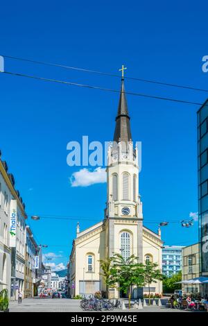 LINZ, AUSTRIA, JULY 30, 2016: View of an evangelic church situated on the Landstrasse street in the Austrian city Linz. Stock Photo