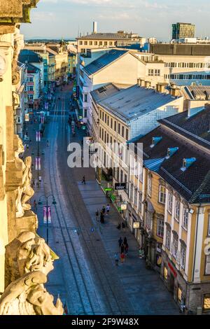 LINZ, AUSTRIA, JULY 30, 2016: Aerial view of the Landstrasse street in the Austrian city Linz. Stock Photo