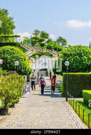 MELK, AUSTRIA, MAY 16, 2015: People are walking towards the main entrance of melk abbey in austria Stock Photo