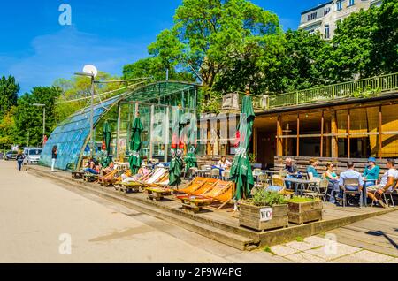 VIENNA, AUSTRIA, JUNE 08, 2015: view of a beach bar situated on shore of the danube channel in vienna during hot summer day Stock Photo