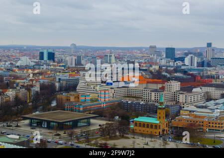 BERLIN, GERMANY, MARCH 12, 2015: aerial view of berlin towards skyscrapers of kurfirstendamm business district and saint matthaus church. Stock Photo