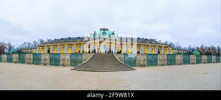 POTSDAM, GERMANY, MARCH 11, 2015: sanssouci palace is one of the dominants of potsdam and it is surrounded by huge park and several fountains. Stock Photo