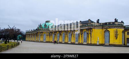 POTSDAM, GERMANY, MARCH 11, 2015: sanssouci palace is one of the dominants of potsdam and it is surrounded by huge park and several fountains. Stock Photo