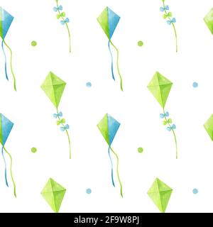 Watercolor seamless pattern with flying decorative kites in green and blue colors. Children's cartoon print. Perfect for textiles, fabrics, wrapping paper, linen, invitations, nursery decor, covers. Stock Photo