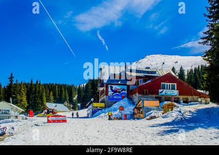 SOFIA, BULGARIA, APRIL 7, 2015: view of the famous aleko hut on the top of vitosha mountain in bulgaria. which is famous stop for hikers or skiers. Stock Photo