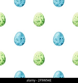 Watercolor seamless pattern with colored quail eggs. Easter background. Hand-drawn illustration. Perfect for wrapping paper, packaging, prints, decor. Stock Photo