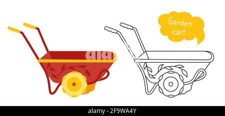 Garden cart cartoon set black line icon. Wheelbarrow tool outdoor activities digging. Work equipment symbol. Rural gardening, Construction equipment collection. Hand drawn garden vector illustration Stock Vector