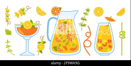 Orange cocktail cartoon set, lemon, jug and glass. Citrus drink tea in transparent teapot with ingredients. Hand drawn summer time flat style. Illustration for invitations, card, poster vector Stock Vector